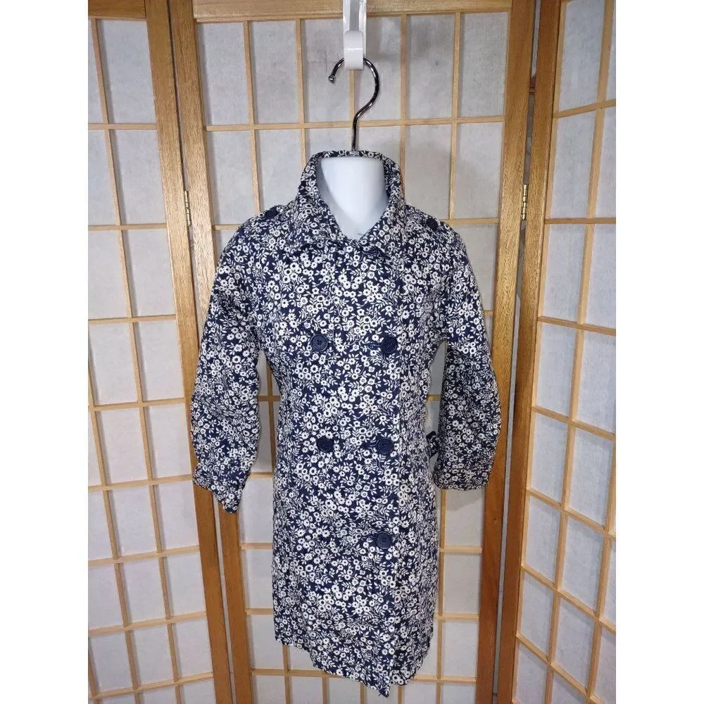 Baby Gap Toddler Size 4 Floral Trench Coat Navy White Double Breasted Jacket